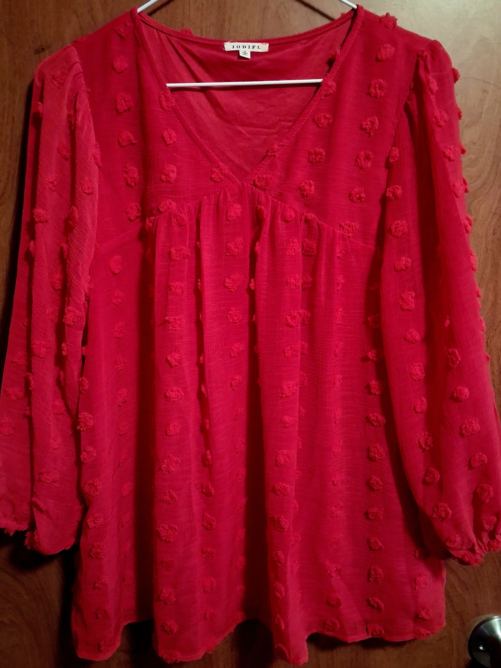 Jodifl Red Textured Pom-Pom V-Neck Women's Top